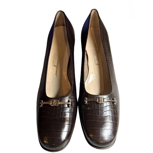 Salvador Ferragamo Brown Crocodile Print Horsebit Slip On Heels 9B - Picture 7 of 15